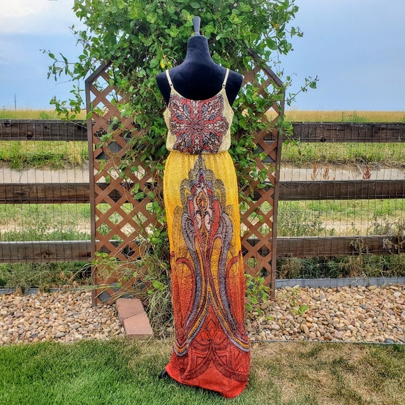 Stilettos Ombre Orange & Yellow Patterned Maxi Lace Women's Dress Size Large EUC - Picture 10 of 14